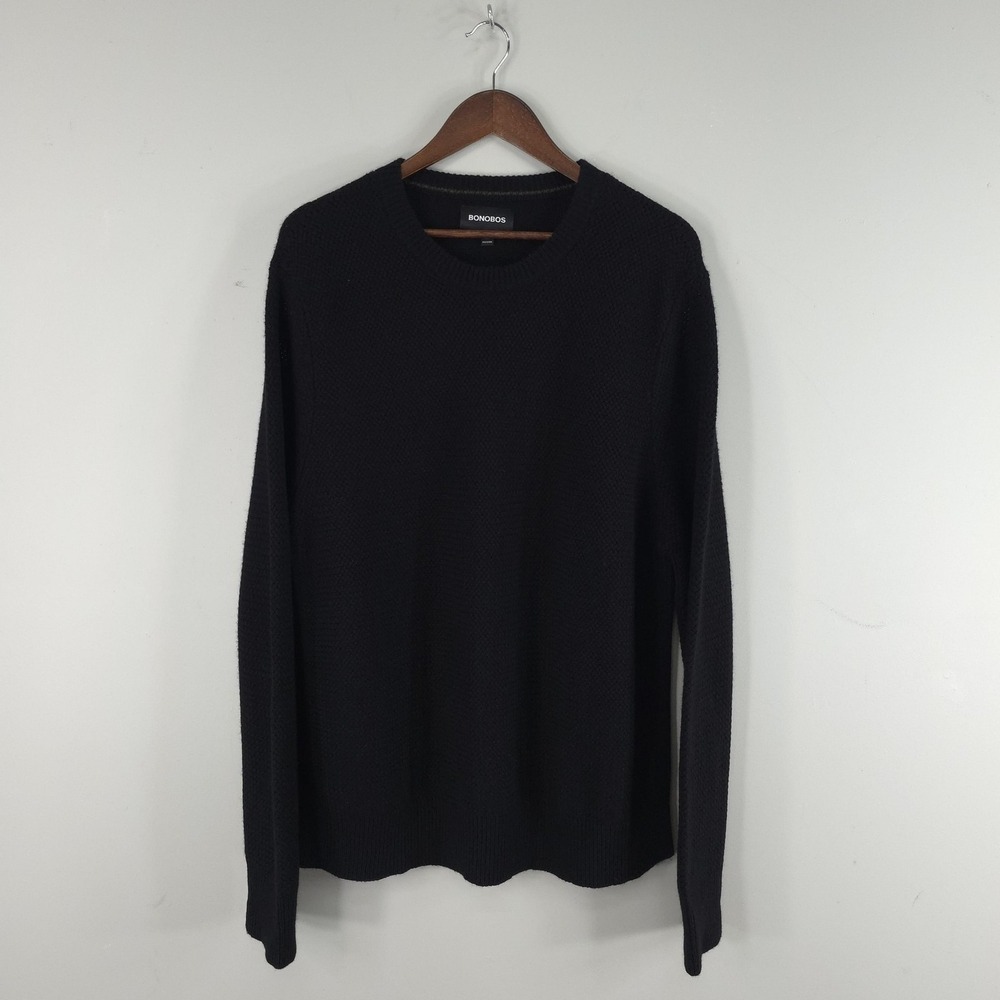 Bonobos Sweater Mens XL Black Cashmere Waffle Knit Crewneck Pullover Lightweight
